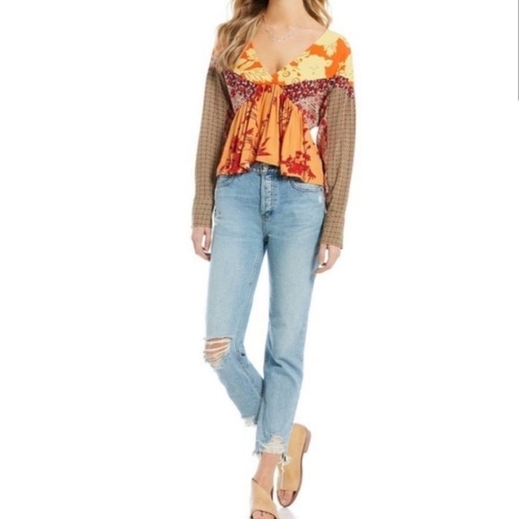 Free People Aloha State of Mind Patchwork Top Flower Detail Drapey Orange Yellow - Picture 5 of 14